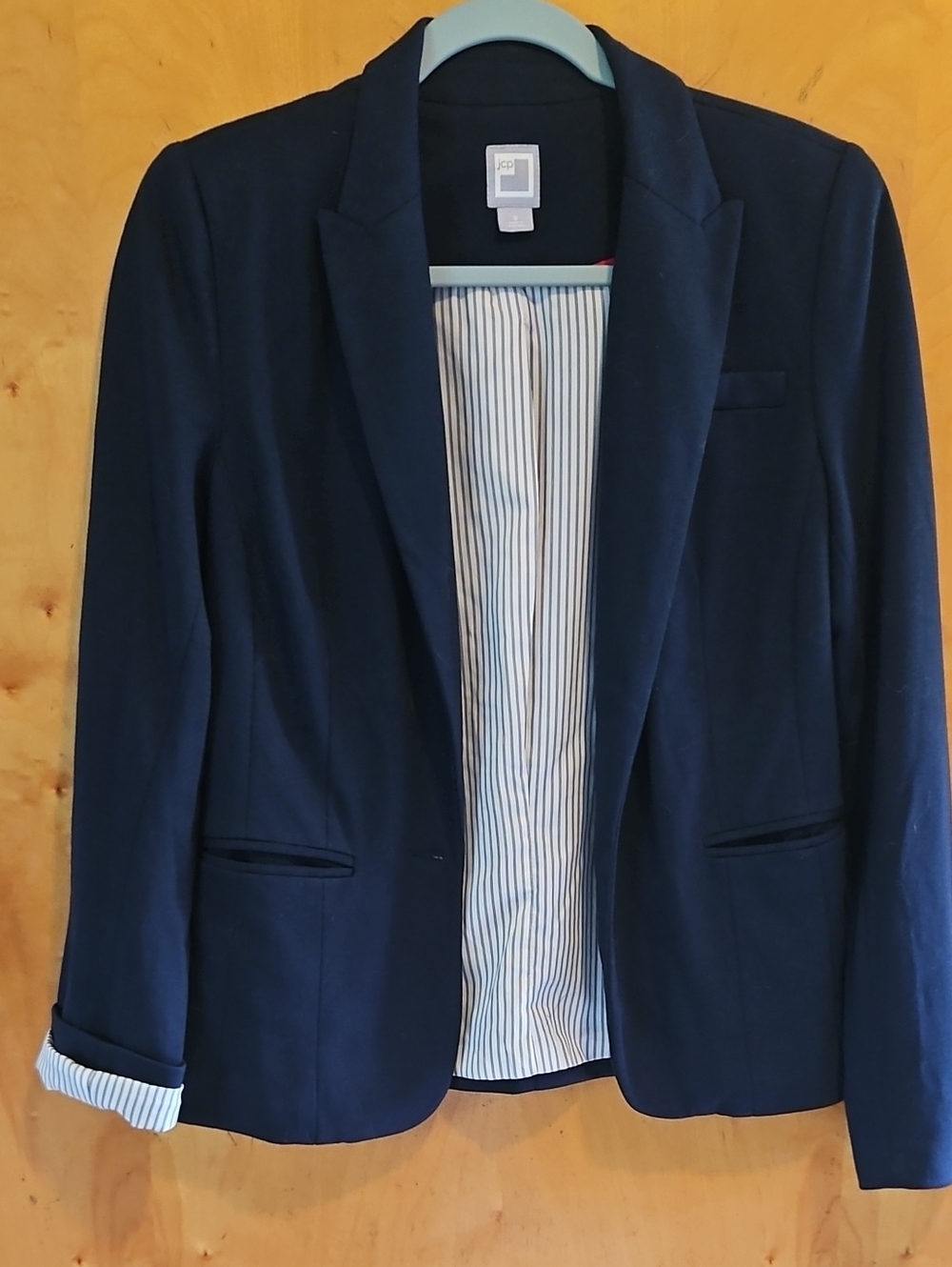 Navy Single-Button Blazer with Striped Lining